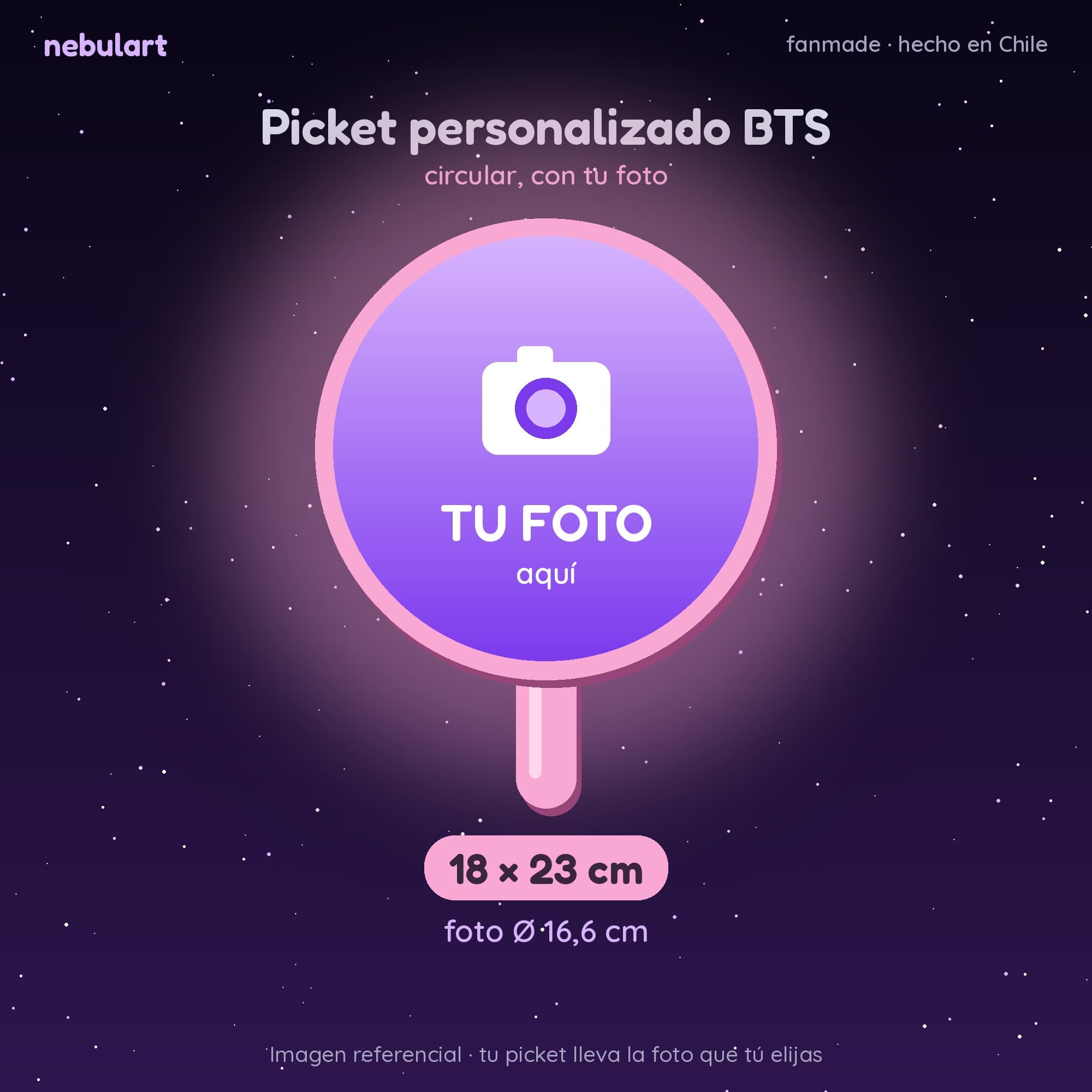 Picket personalizado BTS con tu foto — Circular 18 × 23 cm · foto Ø 16,6 cm